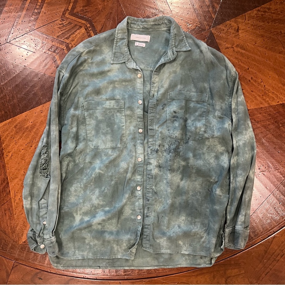 Urban Outfitters Distressed Washed Teal Button-Up Shirt Jacket